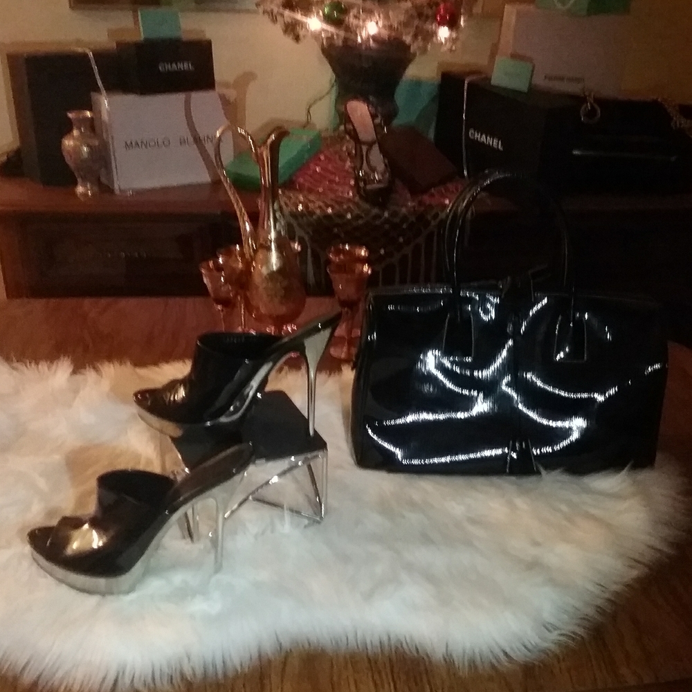 Gucci patent leather mules silver high heel